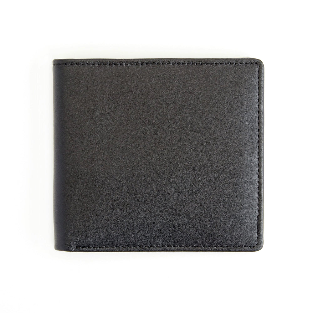 Sleek black leather bifold wallet, handcrafted with 10 card slots and personalized monogram option.