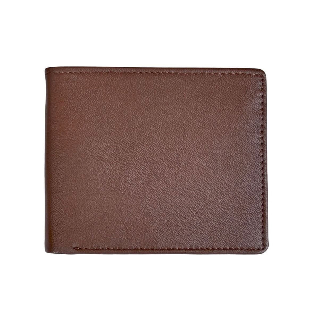 Sleek brown leather bifold wallet featuring a smooth texture, perfect for personalizing with monograms.