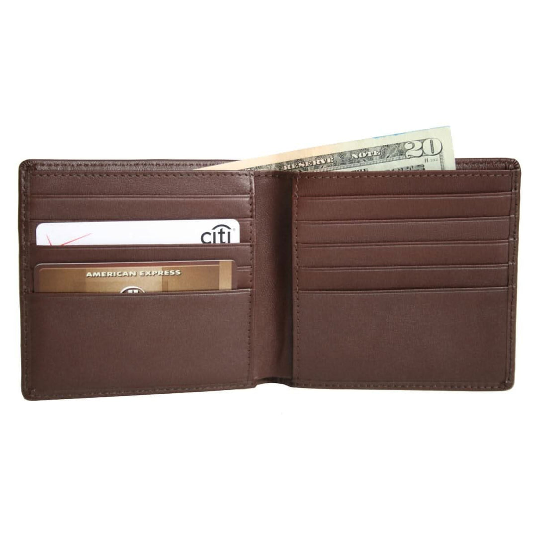 Executive bifold wallet in full grain leather with credit card slots and cash compartment.