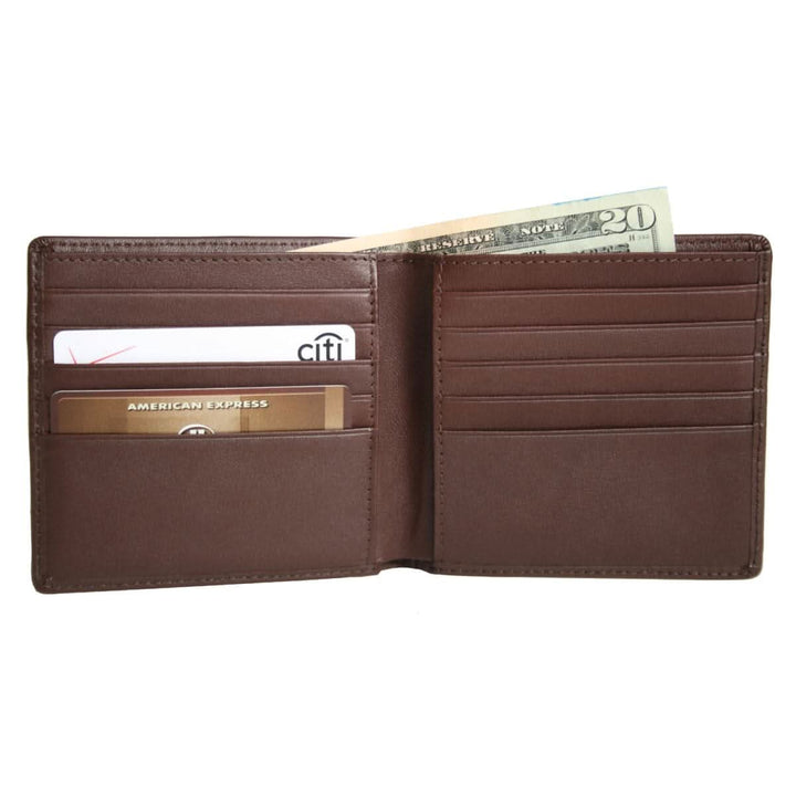 Executive bifold wallet in full grain leather with credit card slots and cash compartment.