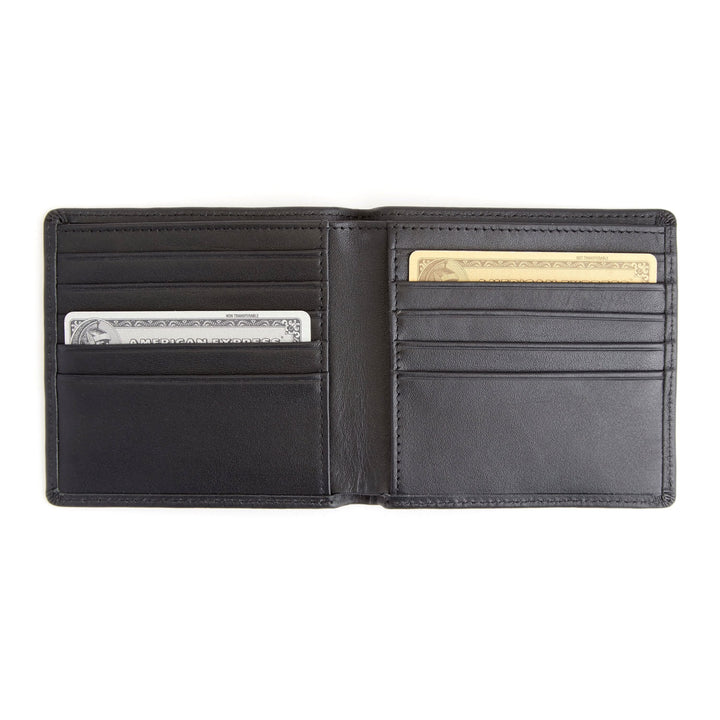 Inside view of a sleek leather bifold wallet showcasing credit card slots and cash compartment.