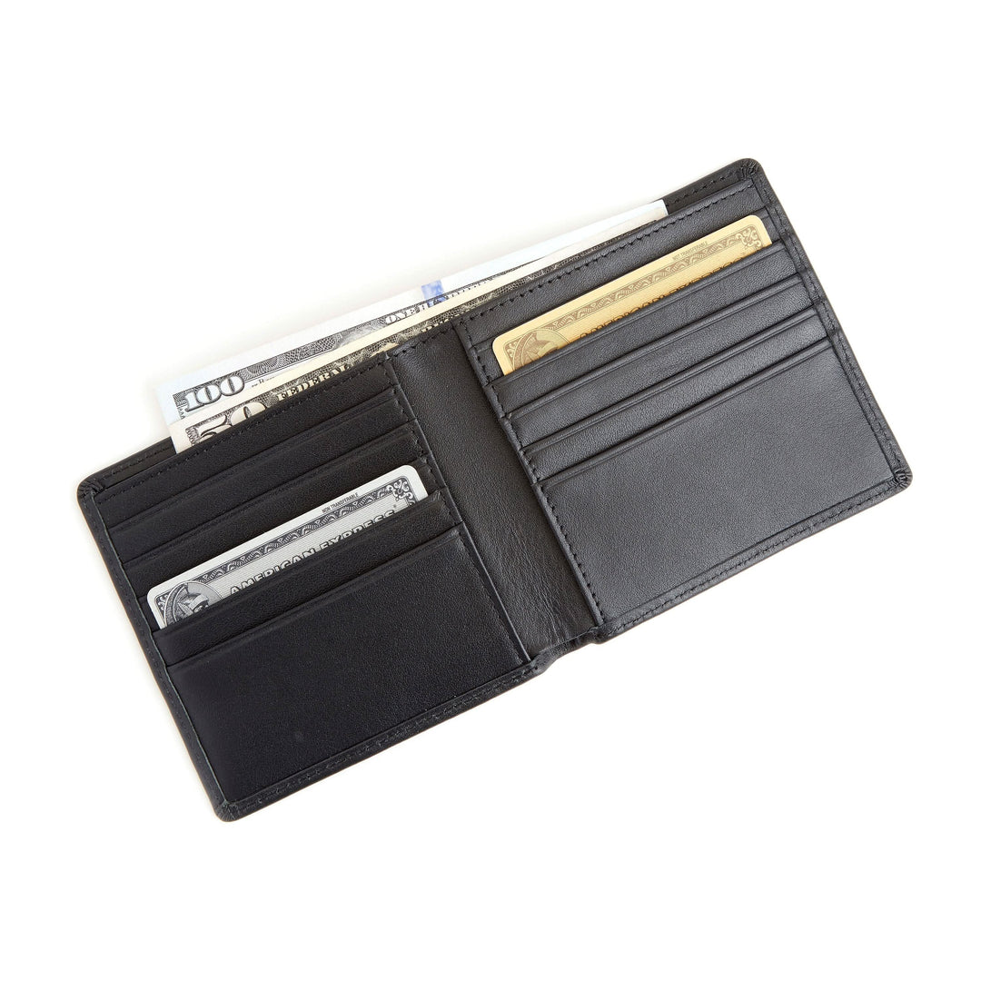 Sleek black leather executive bifold wallet featuring credit card slots and cash compartment.