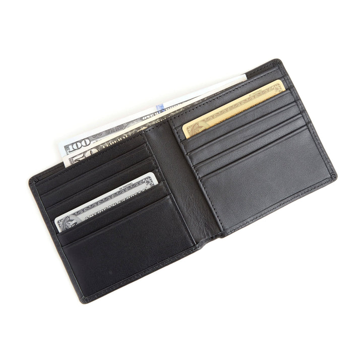 Sleek black leather executive bifold wallet featuring credit card slots and cash compartment.