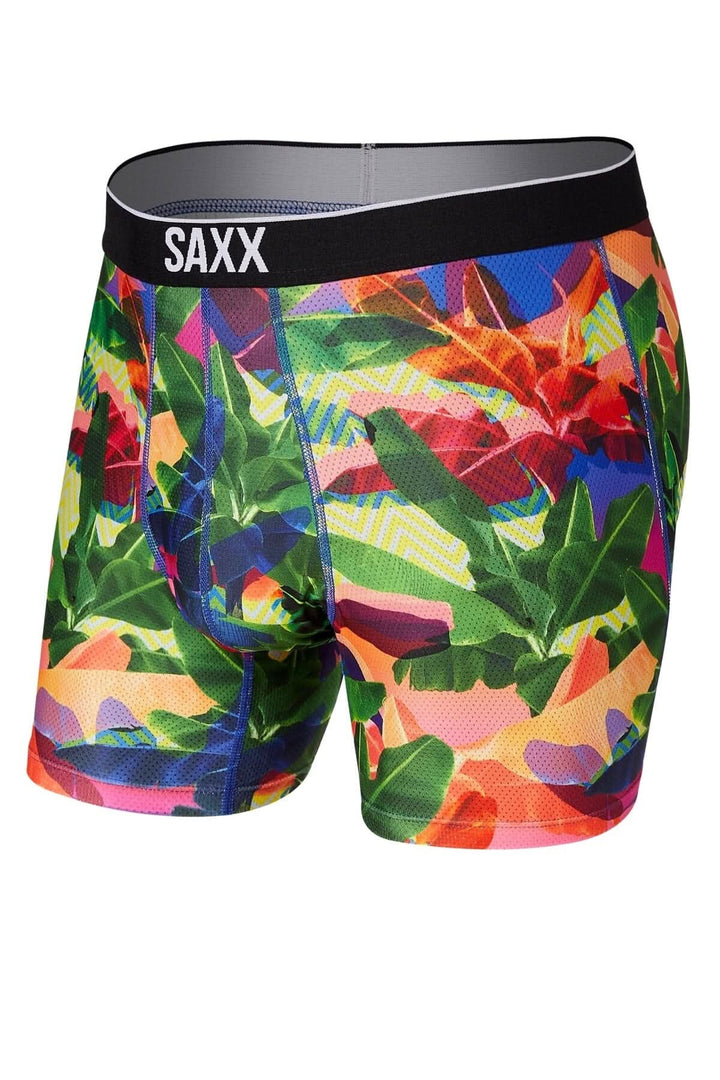 Boxers SAXX en maille colorée avec motif feuillage lumineux, coupe ajustée idéale pour le sport.
