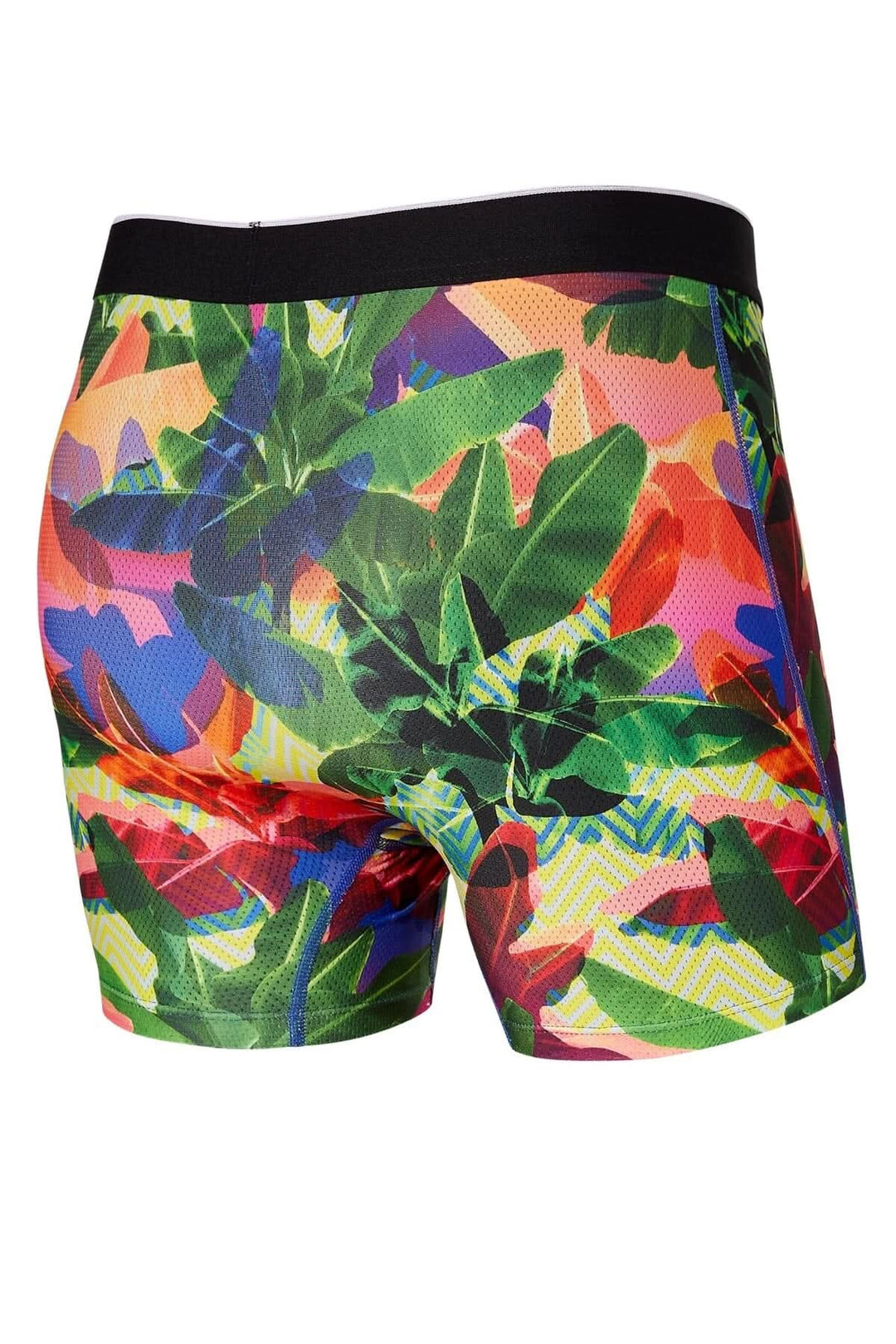 Shorts à motifs tropicaux colorés, coupe ajustée, tissu respirant idéal pour l'entraînement.