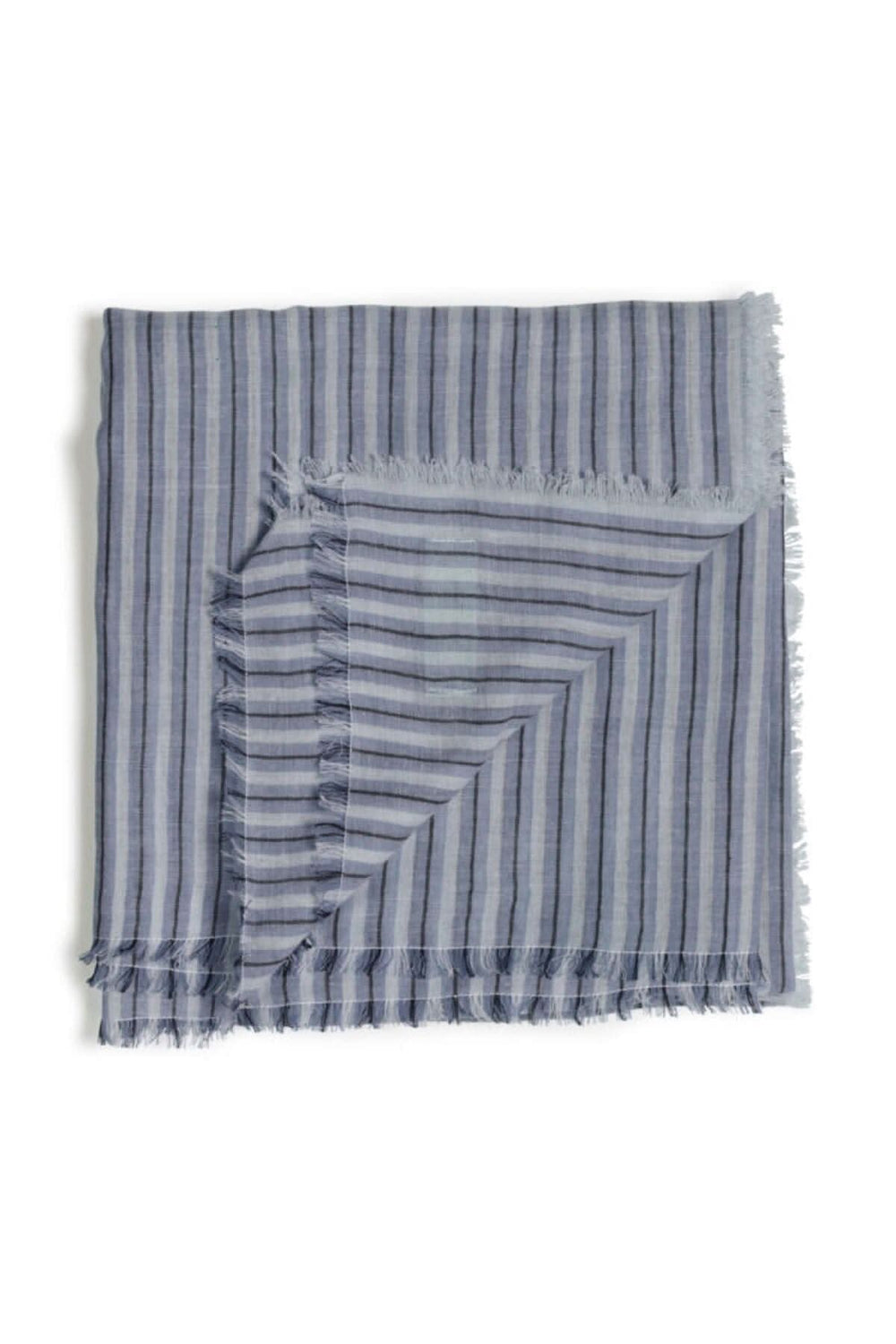 Foulard rayé Sofi en coton léger, dimensions 100 cm x 96 cm, avec franges aux extrémités, rayures colorées.