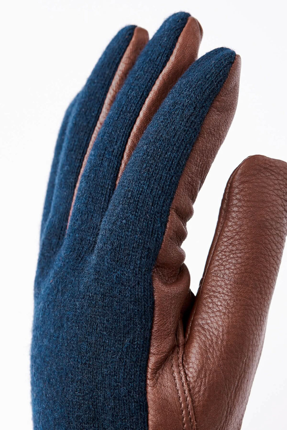 Gant en daim et tricot de laine, doublé en laine, coloris bleu et marron, style élégant et isolant.