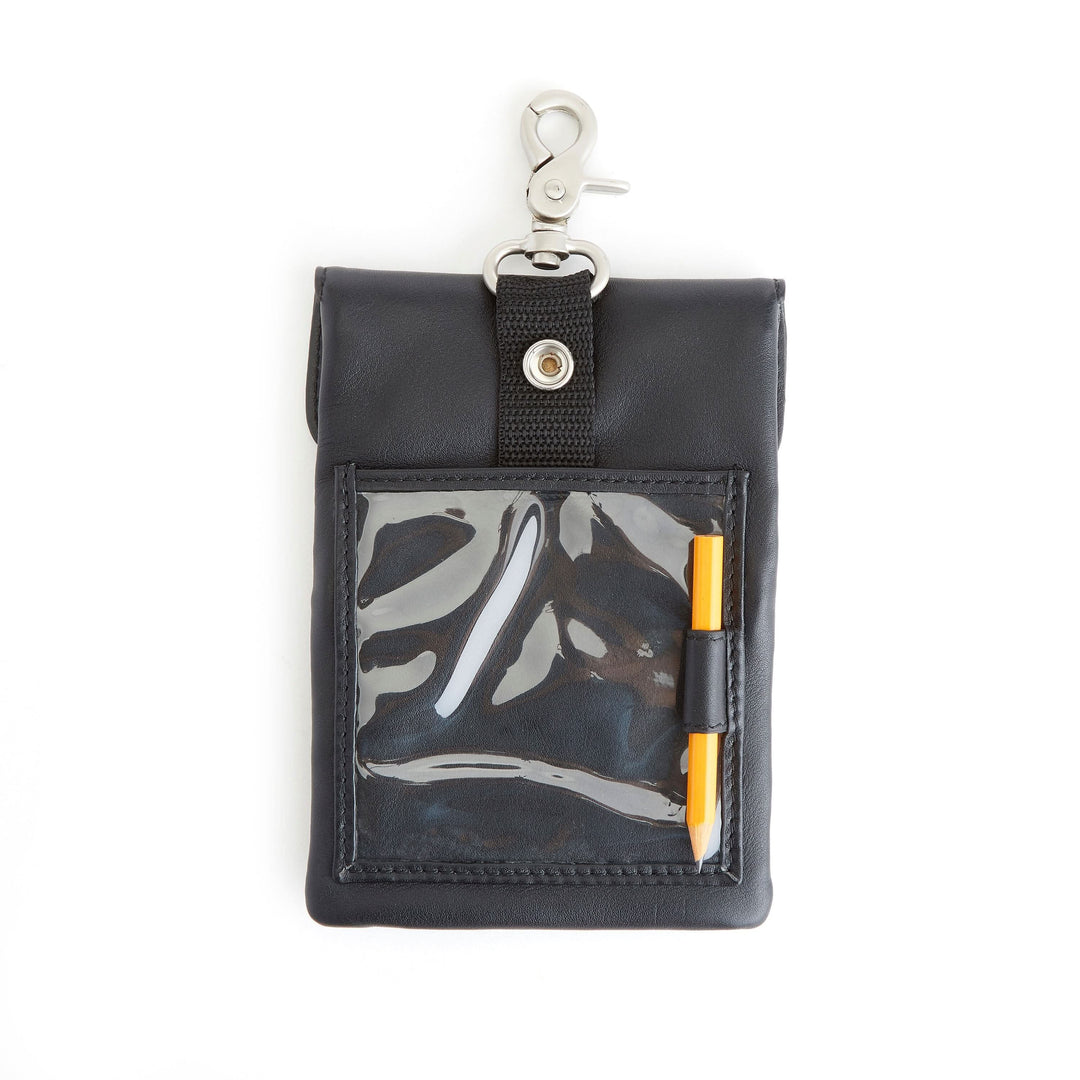 Golf accessory bag with zippered pocket, clear window for scorecard, and a pen loop, ideal gift for golfers.