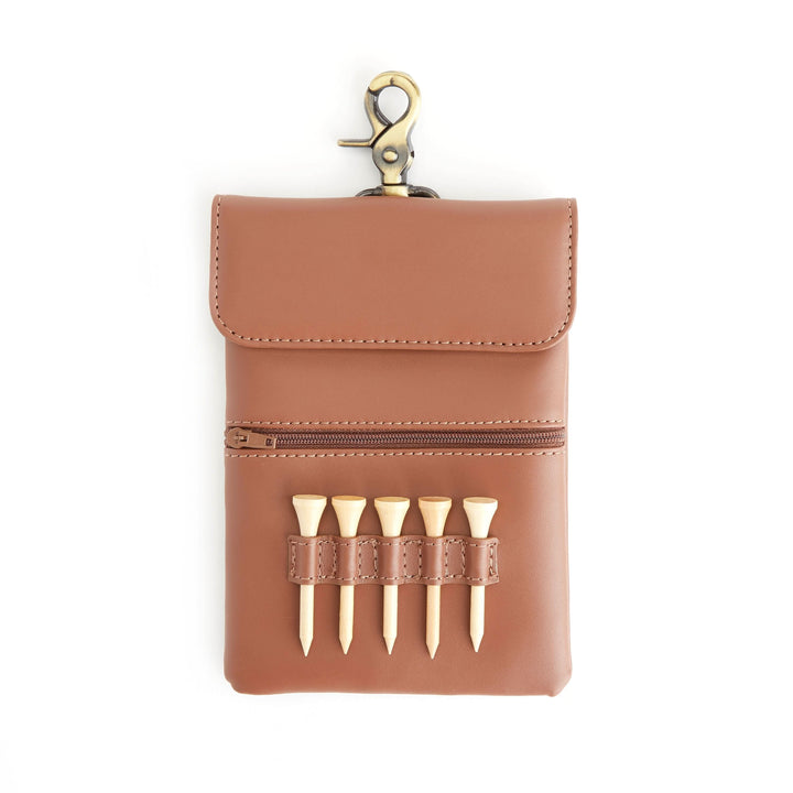 Golf accessory bag in brown leather with five tee slots and zippered pocket, perfect for golfers.