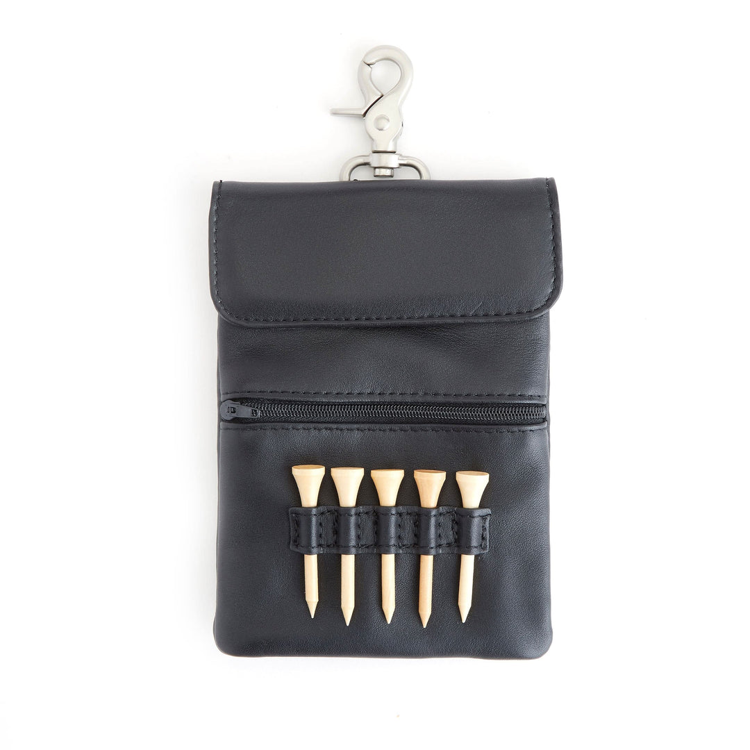 Golf accessory bag with five tee slots, zippered pocket for tools, and a clip, perfect for avid golfers.