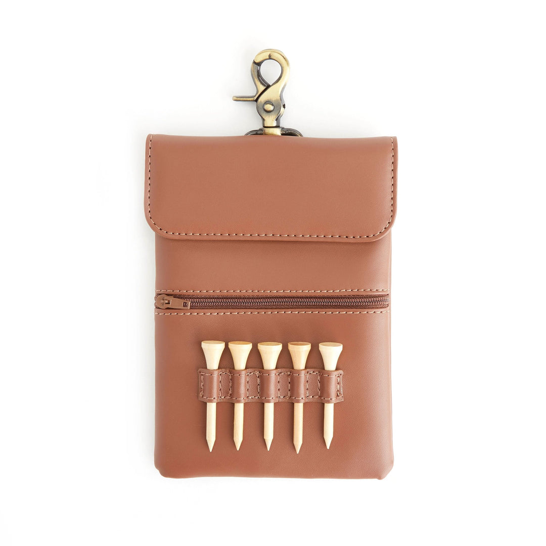 Golf accessory bag with slots for tees, zippered pocket, and snap-on closure for golfers.