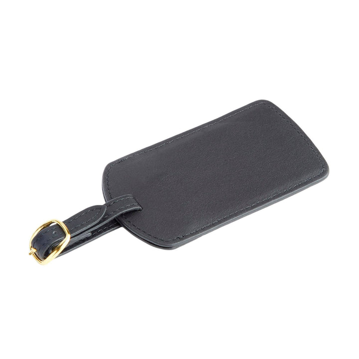 Handcrafted black leather luggage tag with gold tone hardware and adjustable strap, perfect for personalized travel.