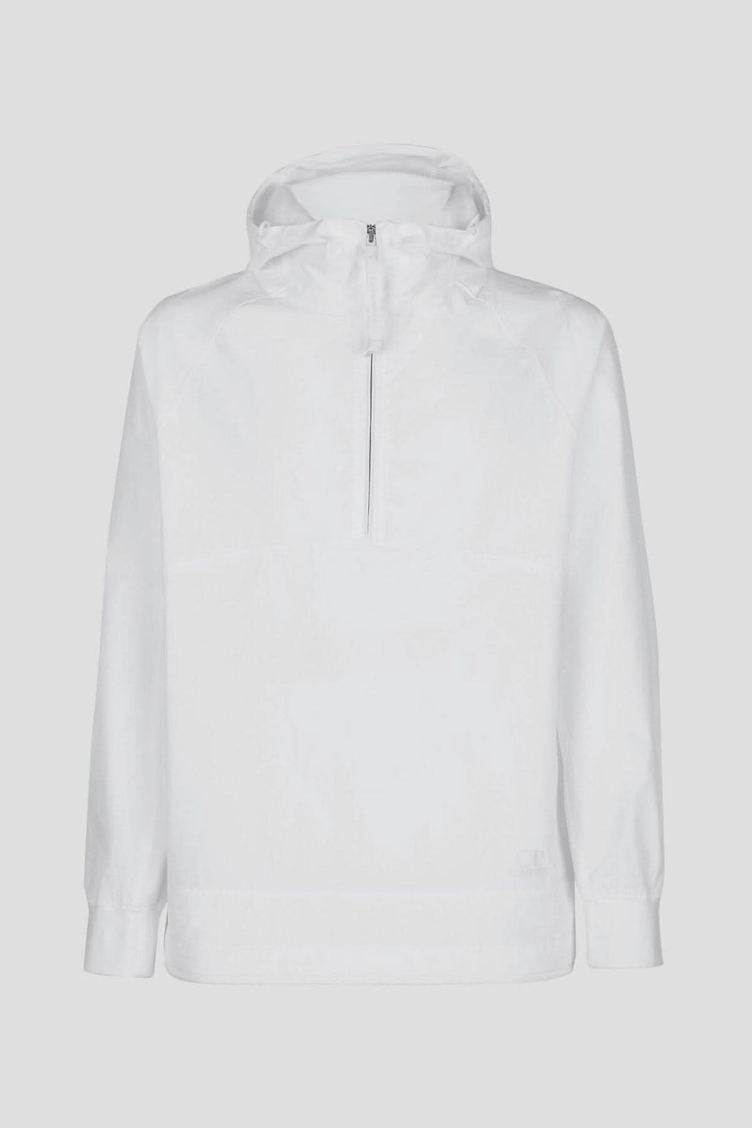 Hoodie Dyshell blanc avec demi-fermeture zippée et capuche, adapté aux conditions météo.