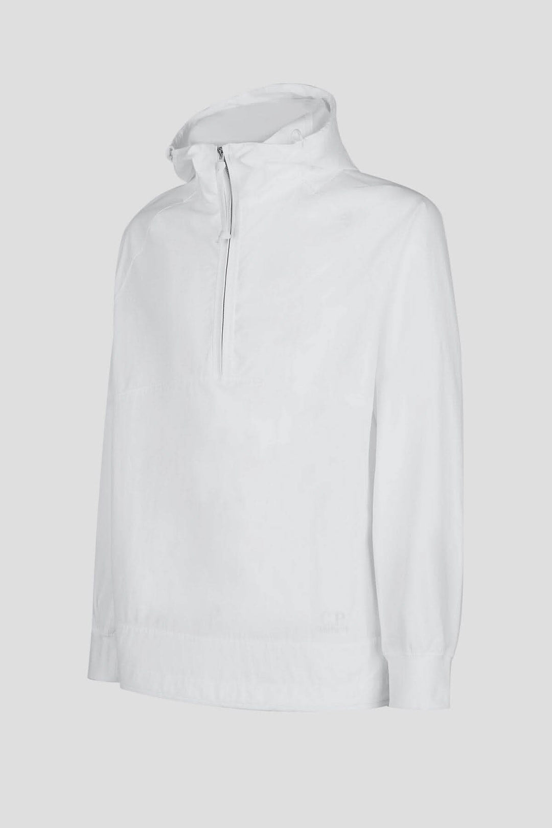 Hoodie Dyshell en blanc avec demi-fermeture zippée et logo, fabriqué en nylon bi-stretch résistant à l'eau.
