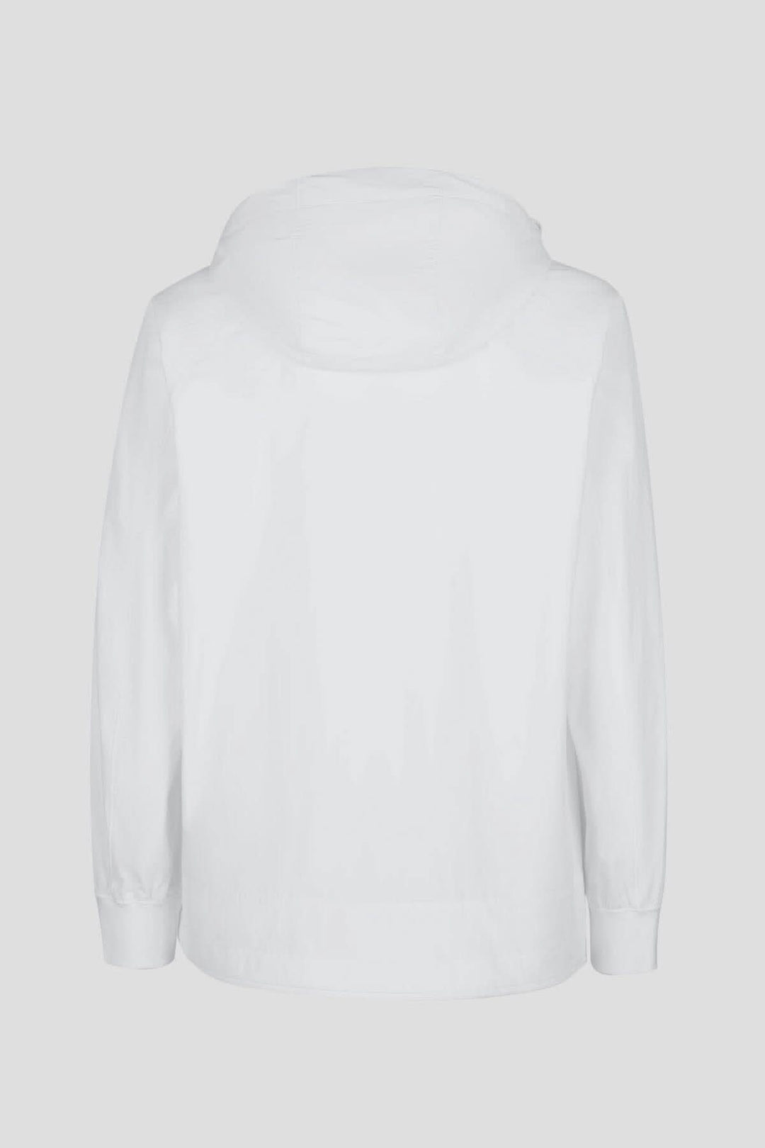 Vue arrière d'un sweat-shirt à capuche blanc avec une demi-fermeture zippée et des poignets côtelés.