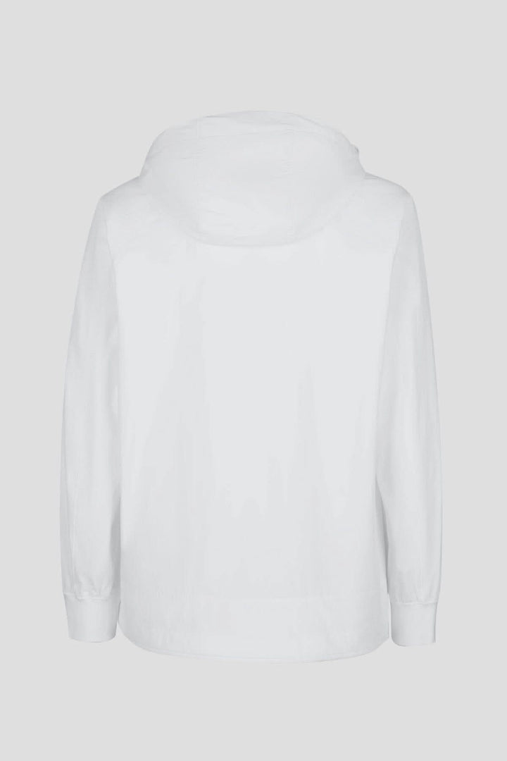 Vue arrière d'un sweat-shirt à capuche blanc avec une demi-fermeture zippée et des poignets côtelés.