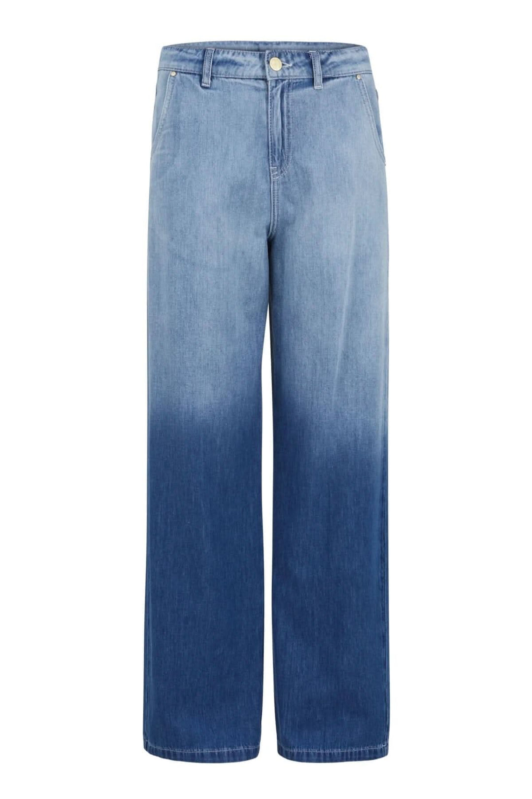 Jean à jambes larges dégradé bleu, taille haute avec poches avant et arrière.