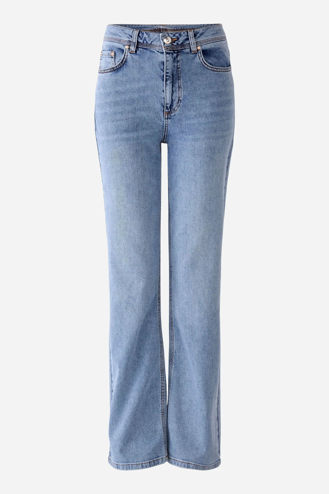 Jean à taille haute en denim bleu, jambe droite, style classique à cinq poches et coutures contrastées.