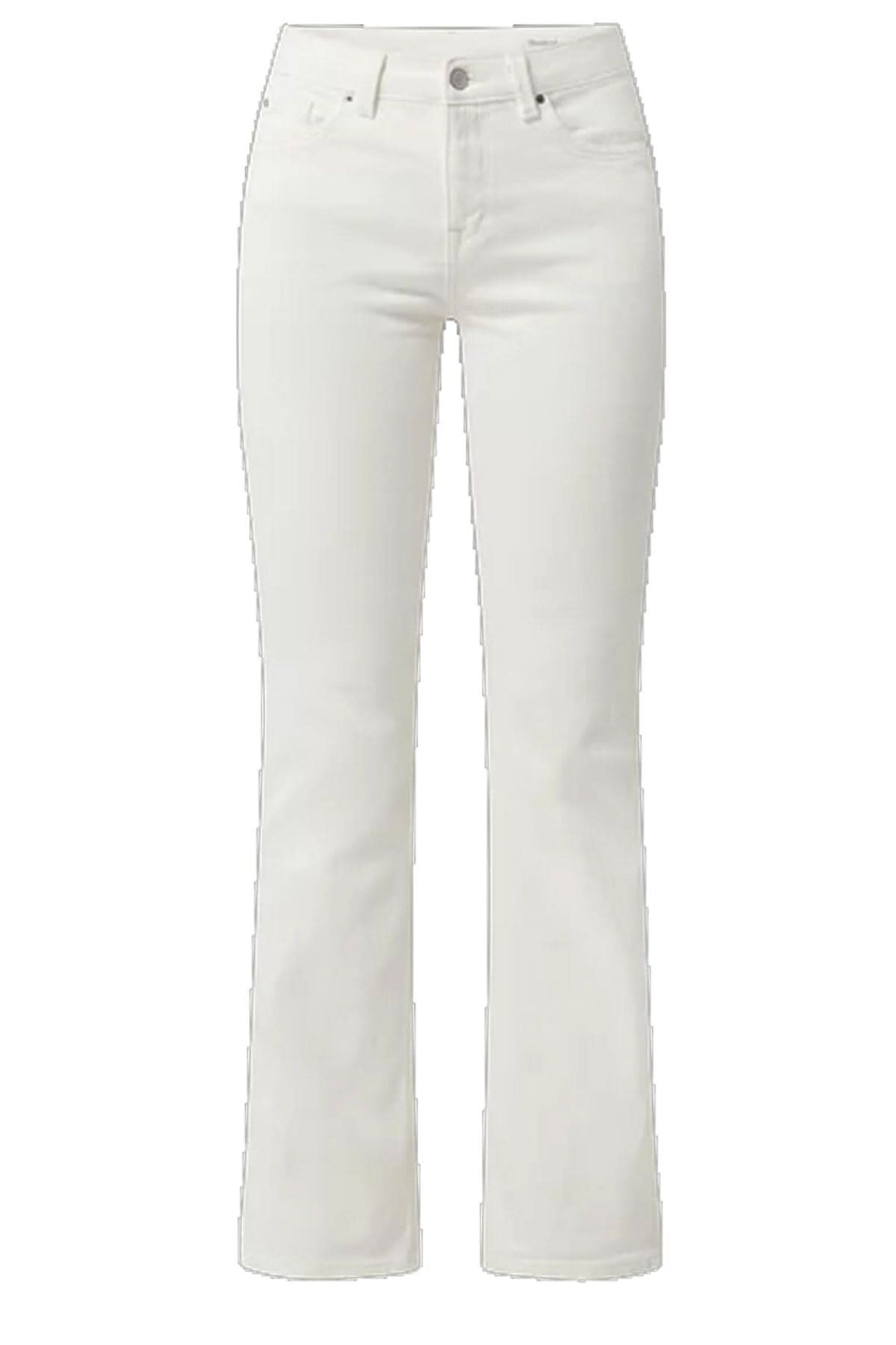 Jean bootcut blanc, coton épais, cinq poches, coupe ajustée, finition légèrement évasée au bas, pour un look élégant.