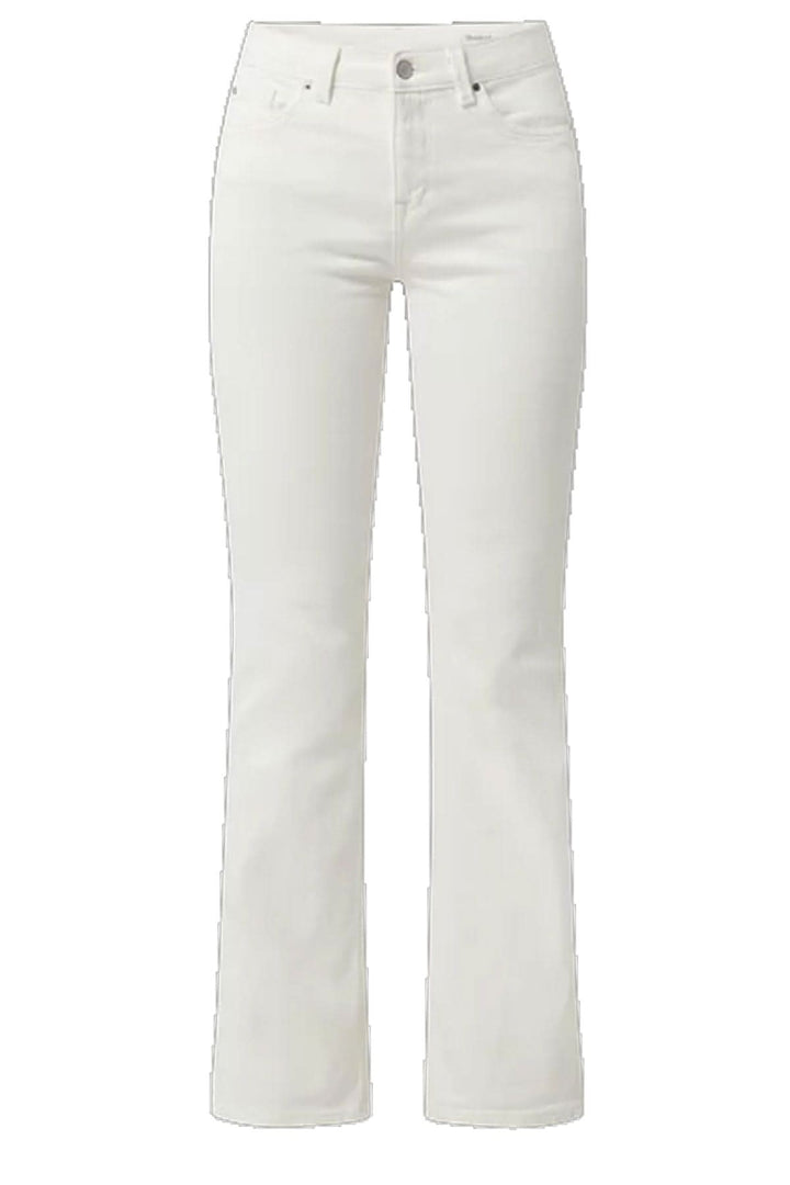 Jean bootcut blanc, coton épais, cinq poches, coupe ajustée, finition légèrement évasée au bas, pour un look élégant.