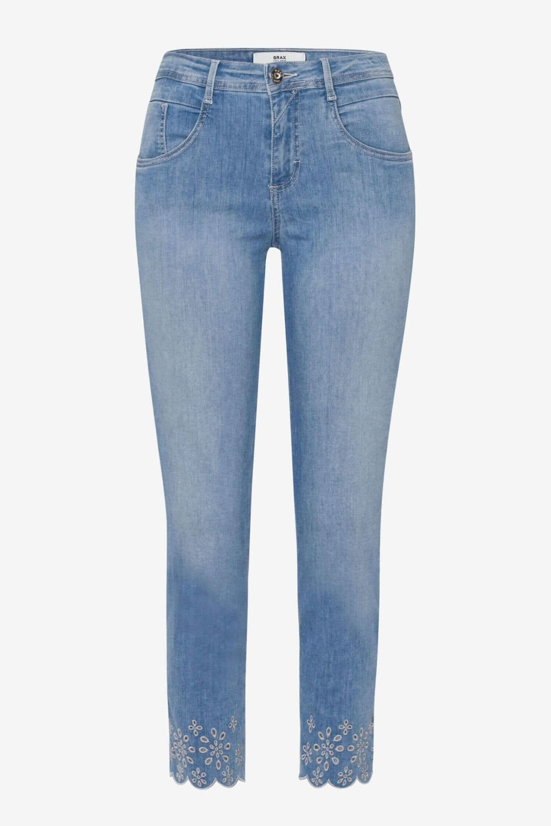 Jean Shakira S pour femmes, skinny 7/8 avec design floral élégant sur le bas, style moderne et accrocheur.