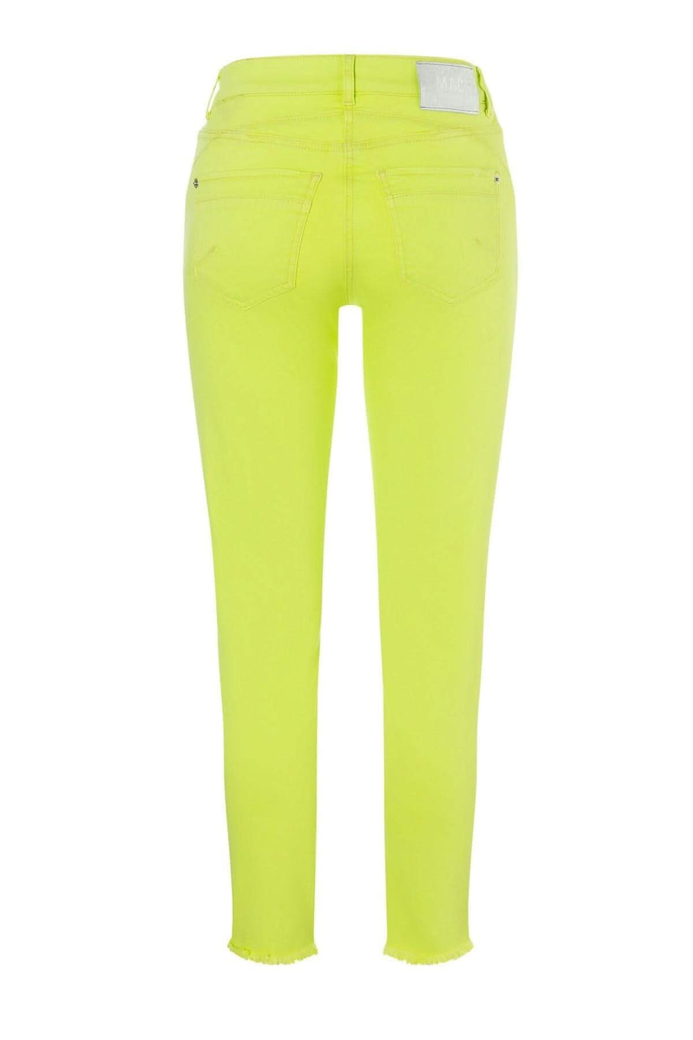Jean vert fluo slim chic avec revers éffiloché et fermeture éclair dorée, vue arrière.