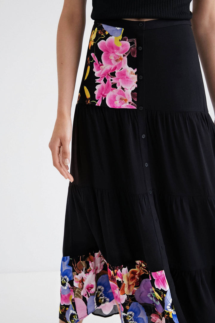 Jupe longue Christian Lacroix à imprimé orchidée, taille haute, éco-durable, avec fermeture boutonnée.