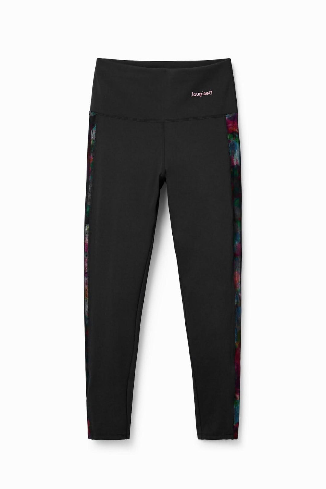 Legging sport taille haute noir avec bande latérale en filet floral, parfait pour le sport et les activités physiques.