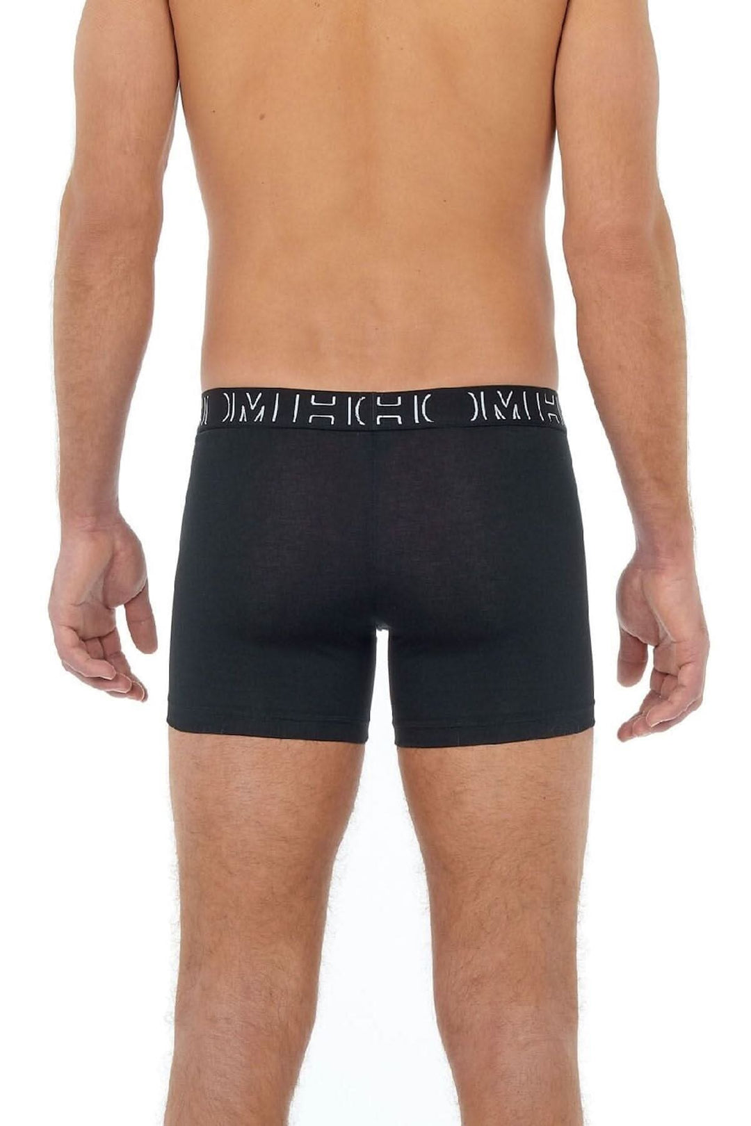 Boxer noir pour hommes en coton élasthanne, vue arrière avec ceinture décorative.