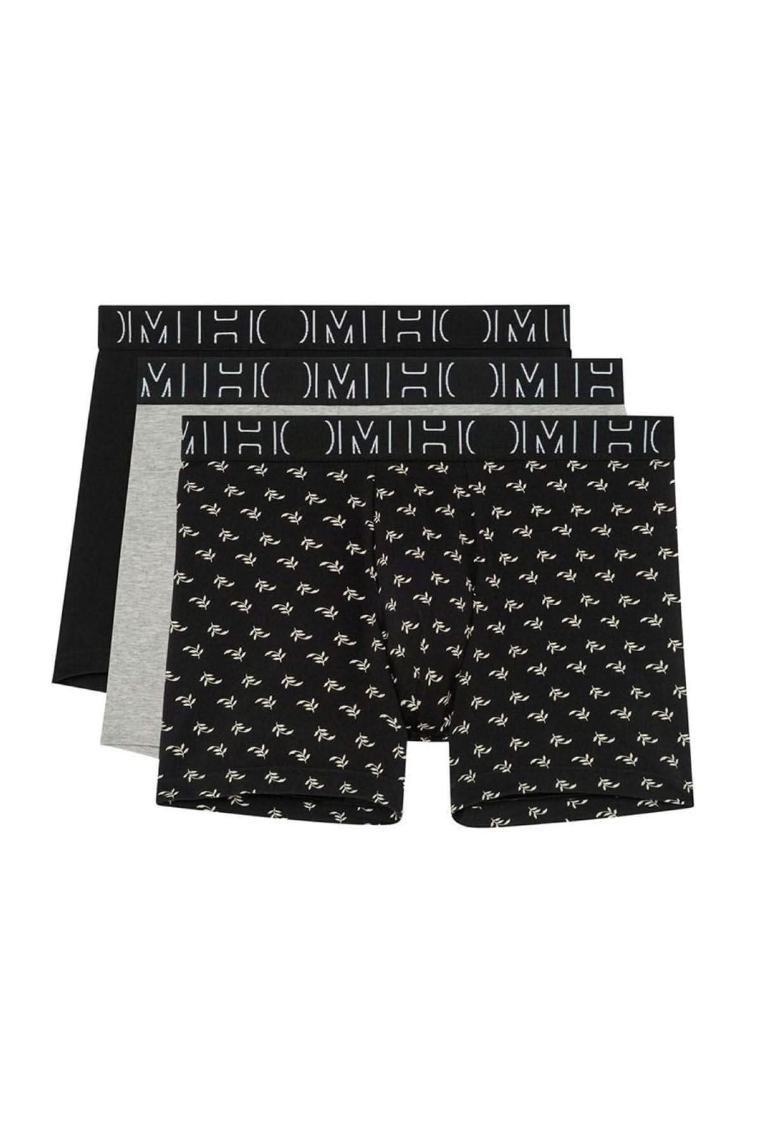 Lot de 3 boxers pour hommes en coton: noir, gris chiné et motifs végétaux blancs.