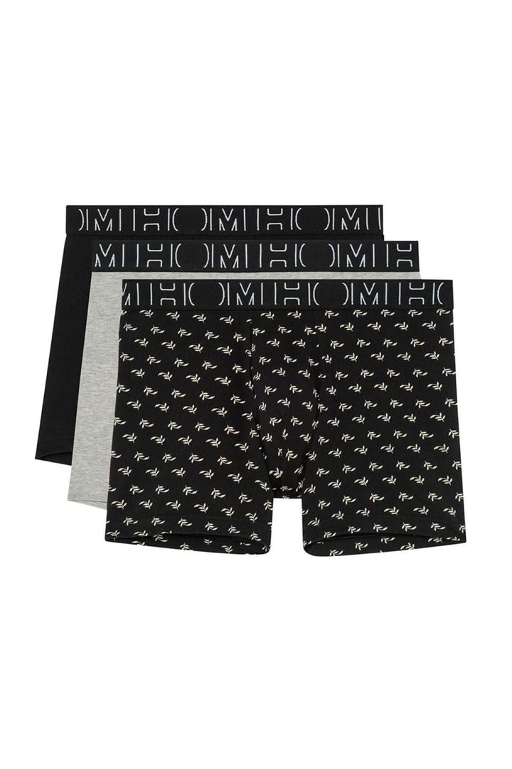 Lot de 3 boxers pour hommes en coton: noir, gris chiné et motifs végétaux blancs.