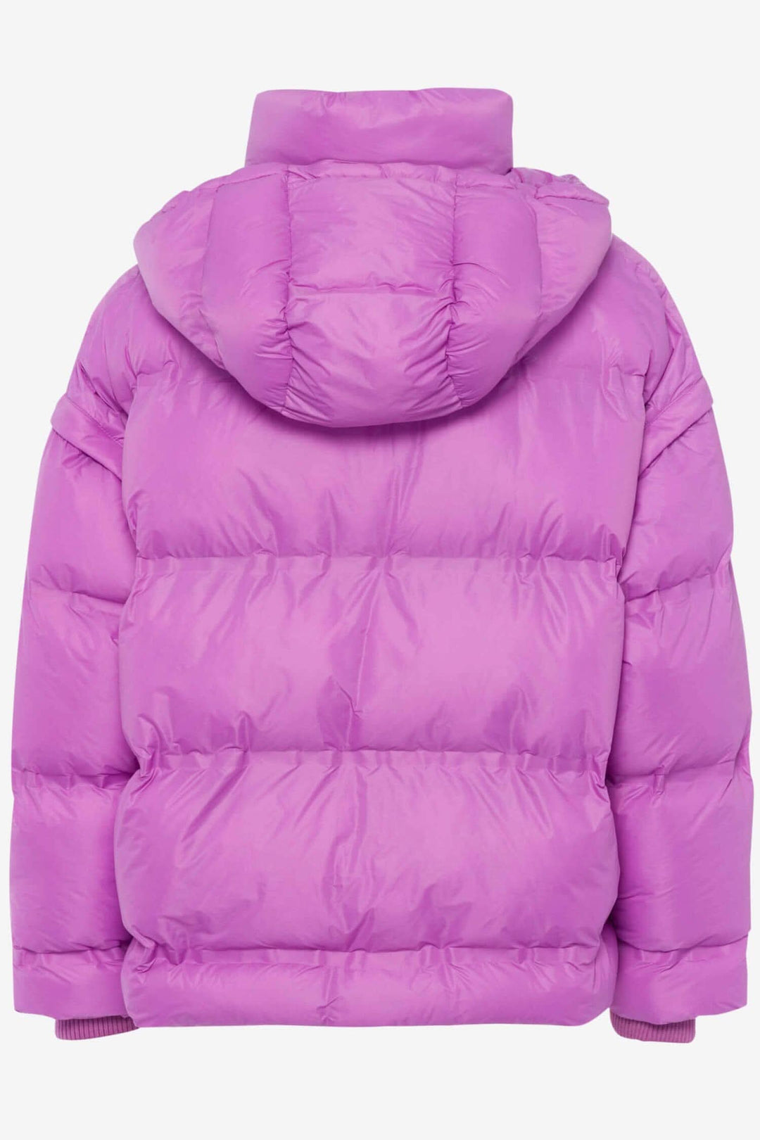 Manteau Filippa rose, capitonné, avec capuchon, style moderne, vue arrière, idéal pour l'hiver.