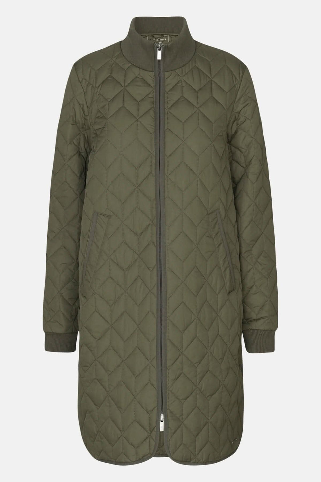 Manteau matelassé long et léger en olive avec motif de courtepointe et poches avant.