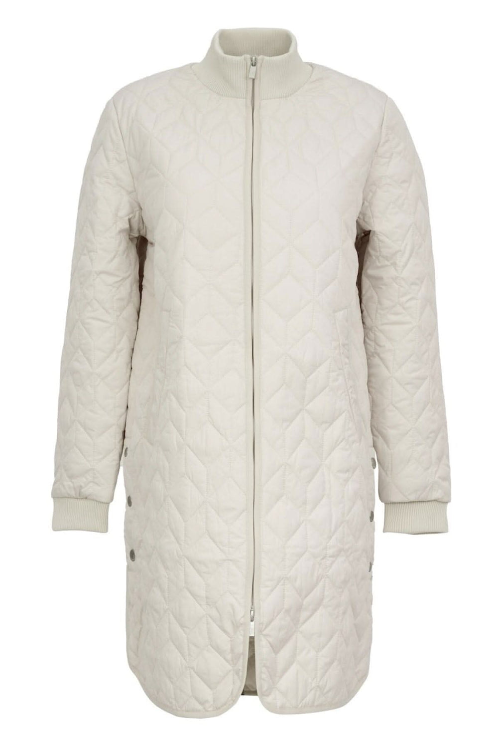 Manteau matelassé long et léger avec motif de courtepointe et poches avant, couleur crémeuse.