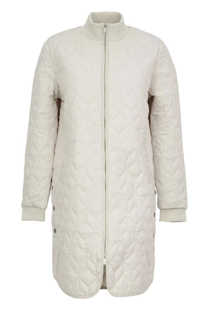 Manteau matelassé long et léger avec motif de courtepointe et poches avant, couleur crémeuse.