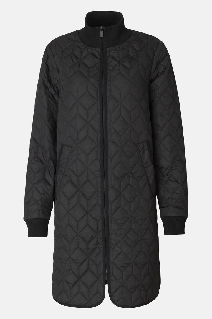 Manteau matelassé noir long avec rembourrage, poches avant et fermeture éclair, style décontracté.
