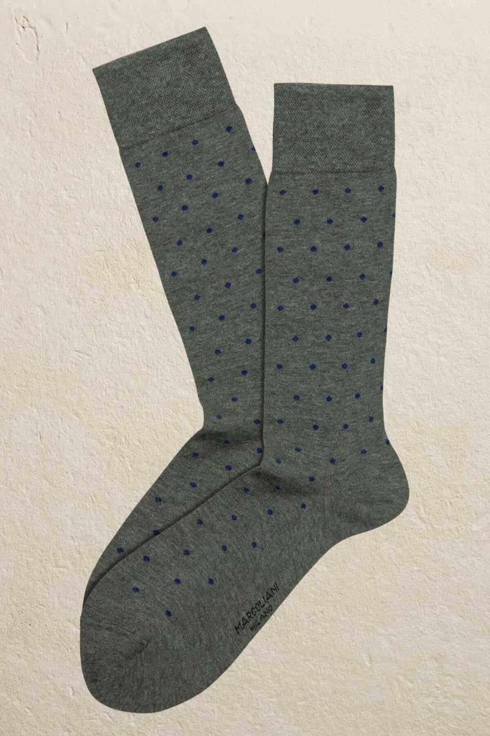 Chaussettes italiennes Marcoliani en coton gris avec pois bleus, style moderne et élégant, confort optimal.