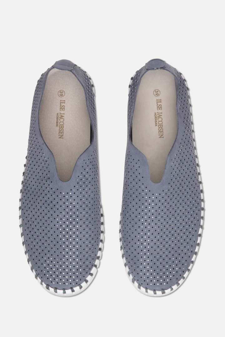 Mocassins Tulip147 gris en microfibre recyclée avec motifs laser et détails brillants.