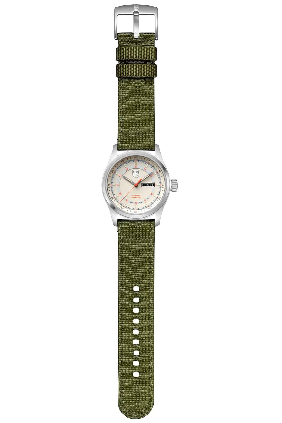 Montre Atacama Field automatique avec bracelet en tissu olive, design rétro, 44 mm, résistance à l'eau 200m.