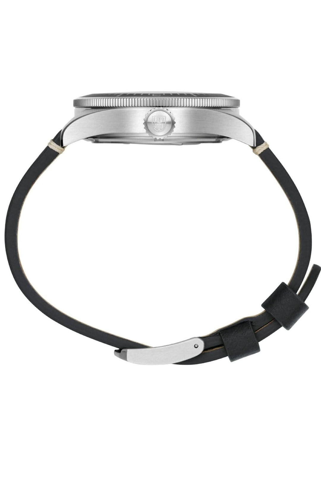 Vue latérale de la montre Constellation 9601 avec bracelet cuir gris et cadran élégant en acier inoxydable.