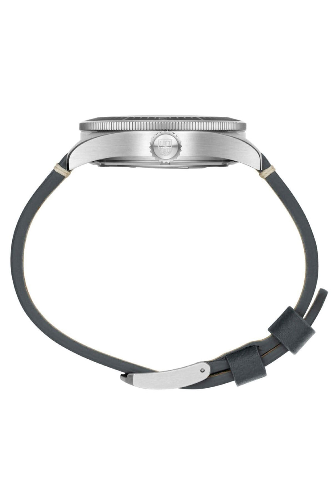 Montre Constellation 9602 avec bracelet en cuir gris et cadran élégant, vue de côté.