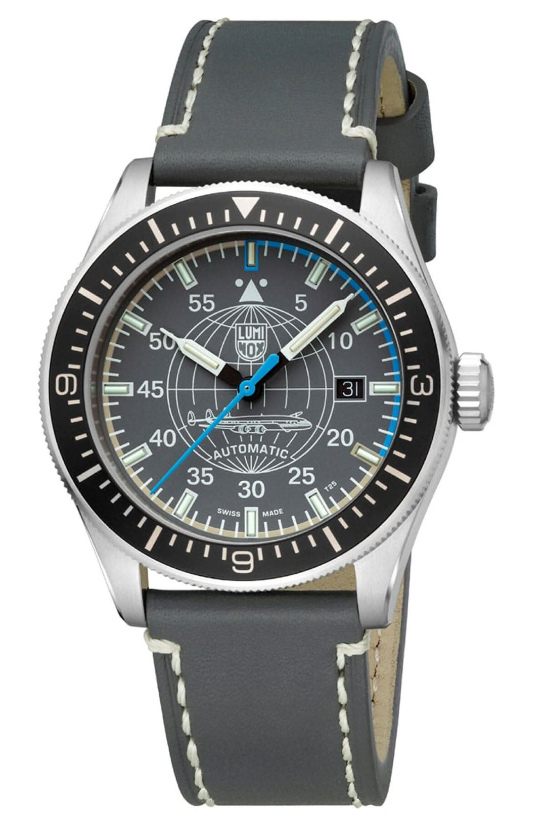 Montre automatique Constellation 9602 avec cadran gris de 42 mm et bracelet en cuir gris, étanche jusqu'à 100 mètres.