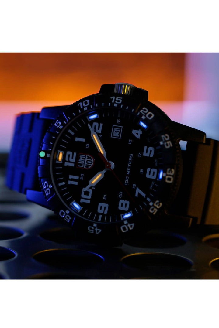 Montre Luminox Leatherback Sea Turtle, technologie d'éclairage, affichage lumineux, bracelet noir.