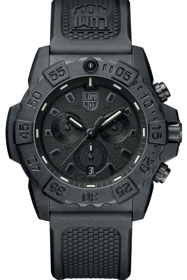 Montre Luminox Navy SEAL 3581.BO chronographe avec bracelet en PU noir, étanche jusqu'à 200 mètres.
