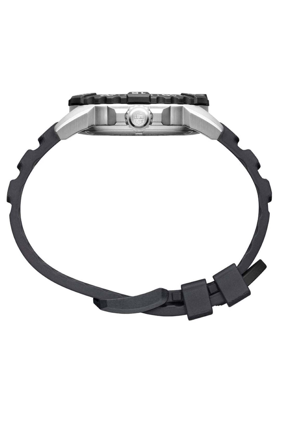 Vue latérale de la montre Navy Seal Steel 3251.CB avec boîtier en acier et bracelet en caoutchouc noir.