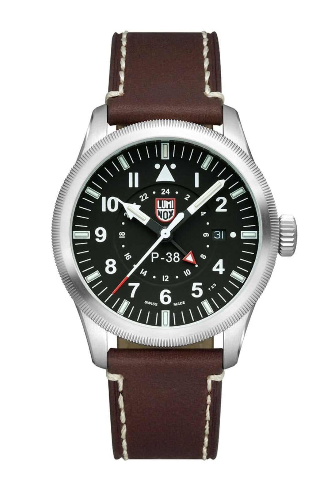 Montre P-38 Lightning avec cadran noir de 42 mm et bracelet en cuir marron, résistance à l'eau de 100 mètres.