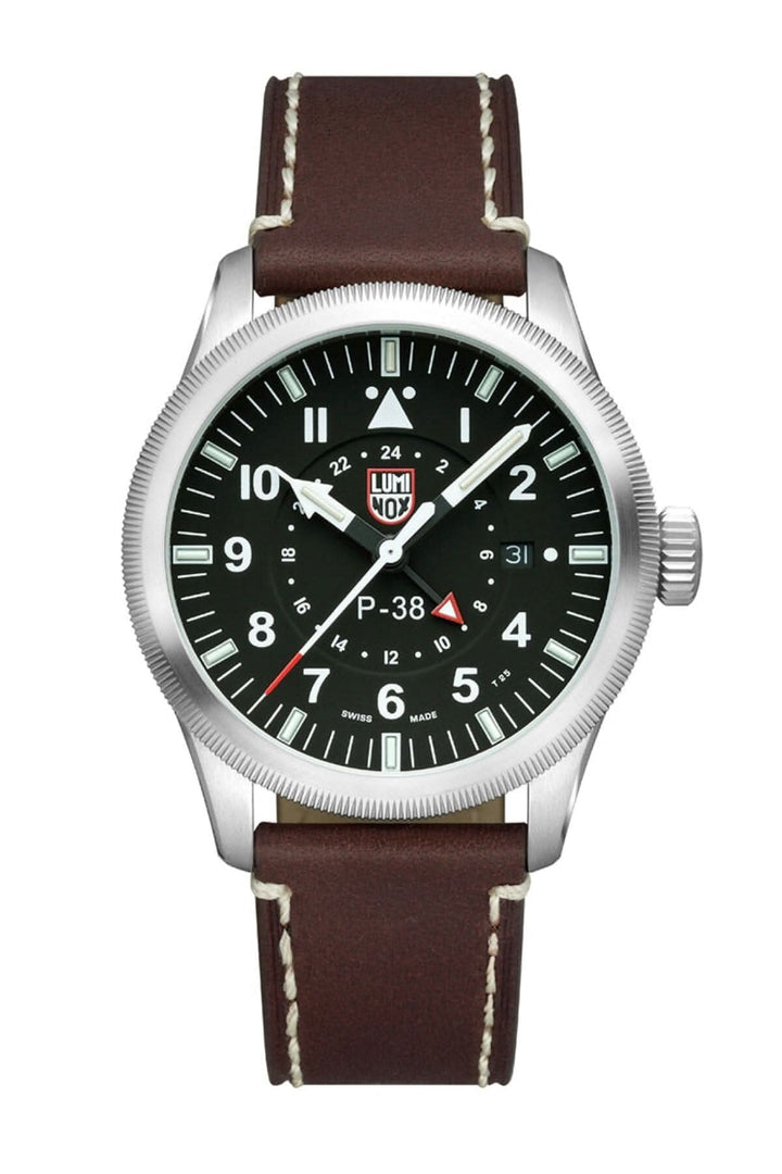 Montre P-38 Lightning avec cadran noir de 42 mm et bracelet en cuir marron, résistance à l'eau de 100 mètres.