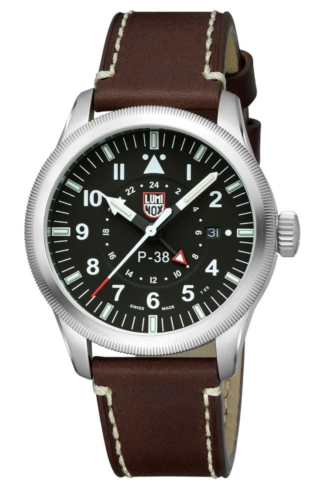 Montre P-38 Lightning avec cadran noir, bracelet en cuir marron et verre saphir, résistance à l'eau de 100 mètres.