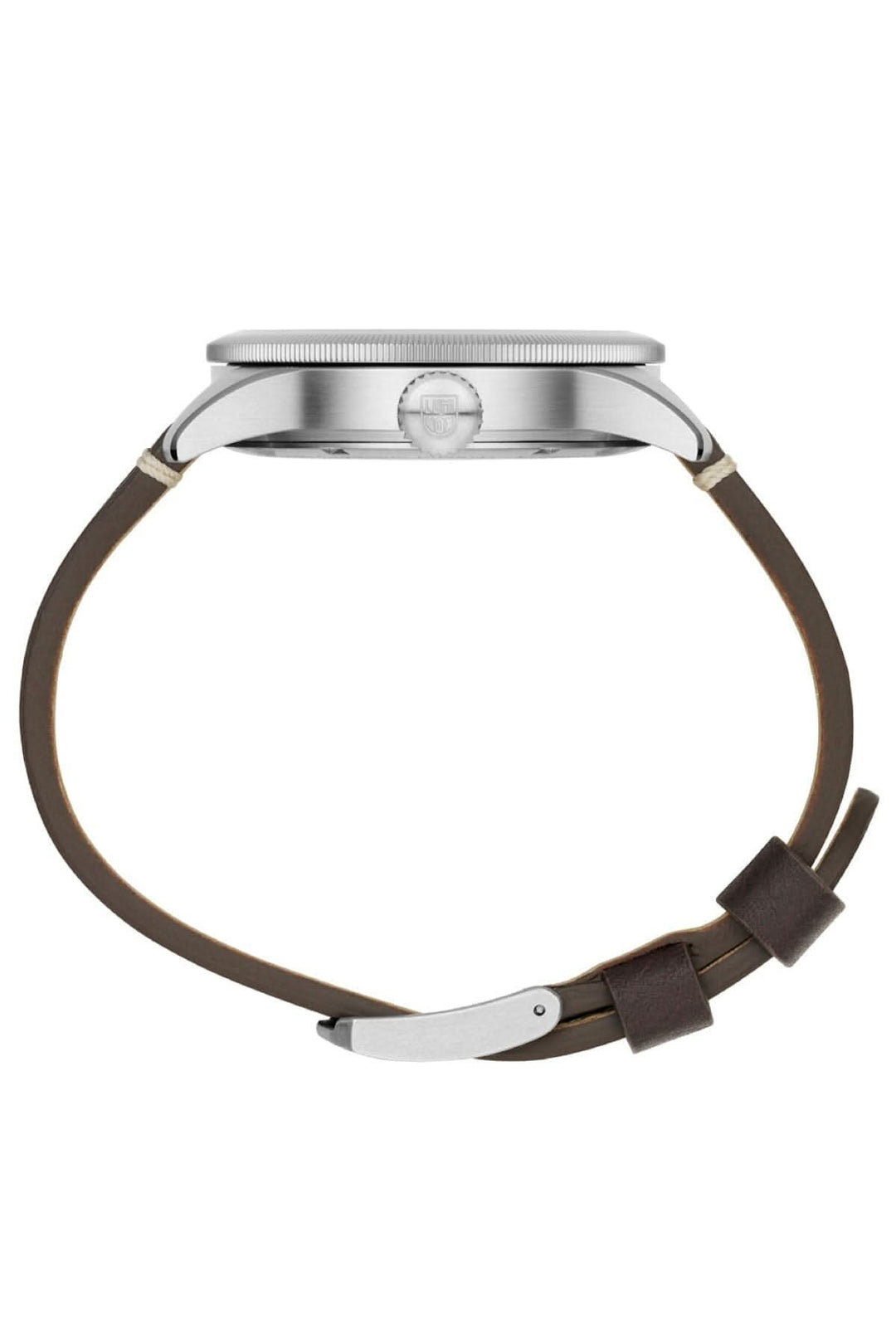 Montre P-38 Lightning 9521 avec bracelet en cuir marron et boîtier en acier inoxydable.