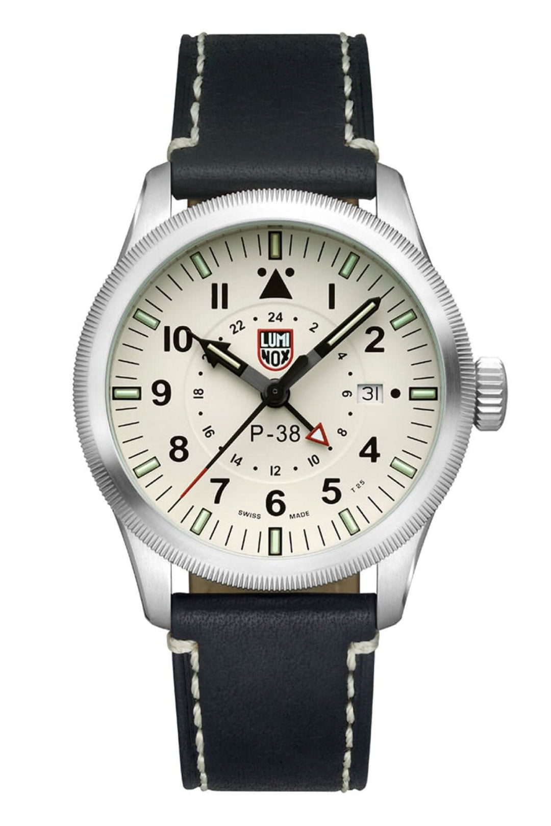 Montre P-38 Lightning avec cadran blanc, boîtier en acier et bracelet en cuir noir, résistante à l'eau, style classique.